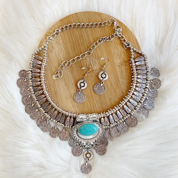 NWT Silver Coin Statement Necklace & Earrings Set with Turquoise Accent - Picture 2 of 14